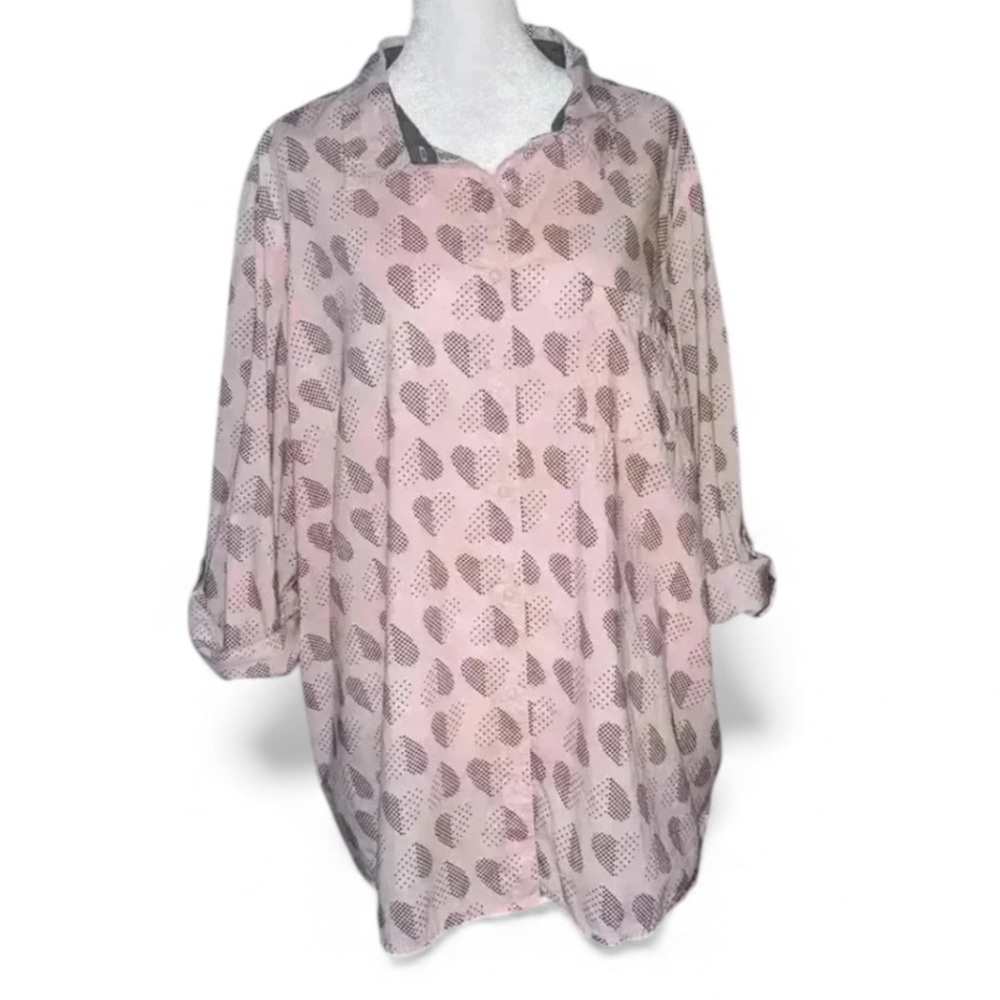 Tommy Hilfiger 🆕 100% Cotton Polka Dot Hearts Button Tab Roll Sleeves NWOT Sz 3x - Picture 2 of 14